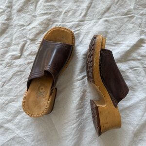 Vintage Leather Wooden Clog Mules